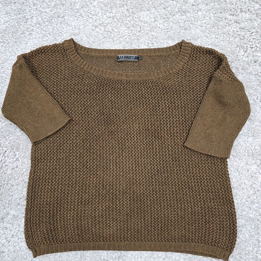 Peruvian Connection Womens Crochet Knit Short Sleeve Sweater Size S Boho Earthy